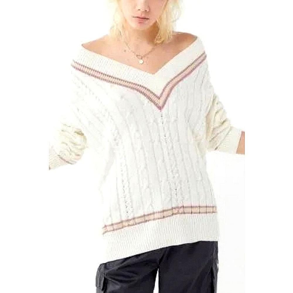 Urban Outfitters Alexandra Cream Cable-Knit Tennis Sweater Medium Preppy Tennis